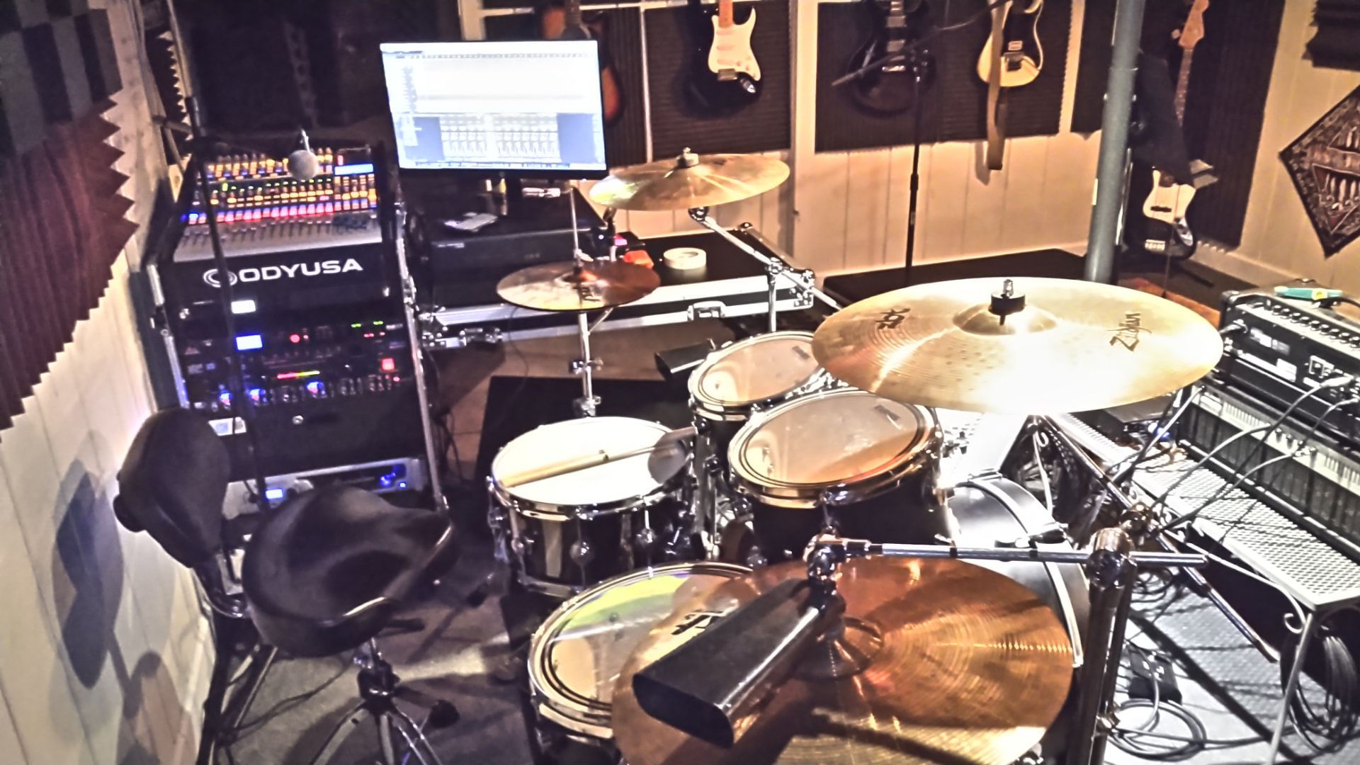 Drum kit and rack gear in the rehearsal room